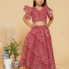 Maroon Bandhani Doriya Crop top Skirt set