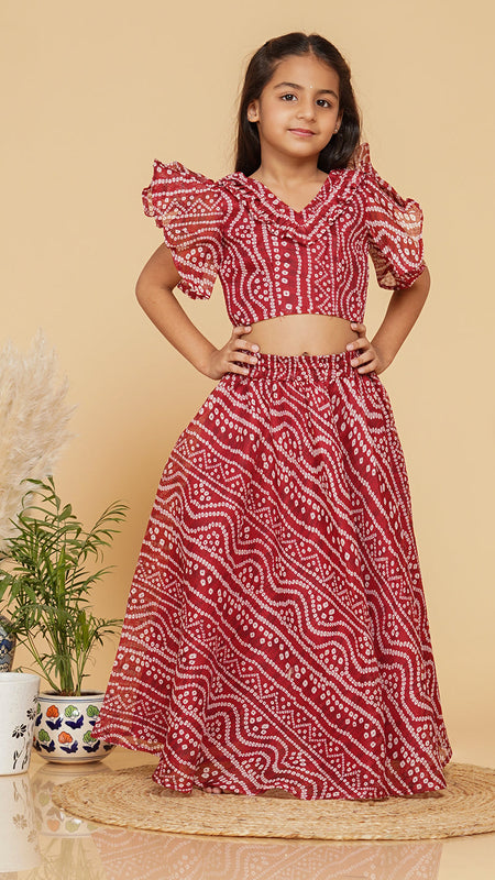 Maroon Bandhani Doriya Crop top Skirt set