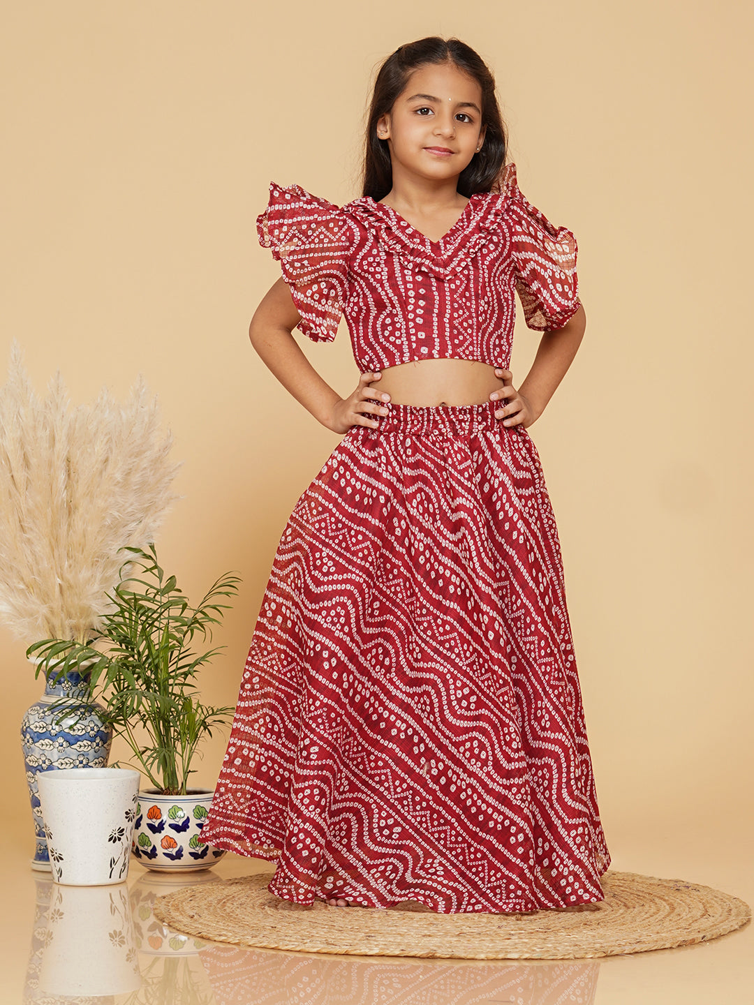 Maroon Bandhani Doriya Crop top Skirt set