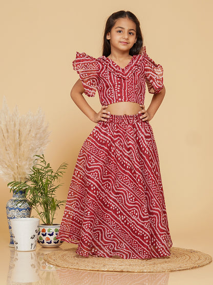 Maroon Bandhani Doriya Crop top Skirt set