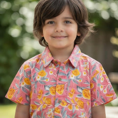 Kids Peach Floral Print Pure Cotton Half Sleeve Shirt