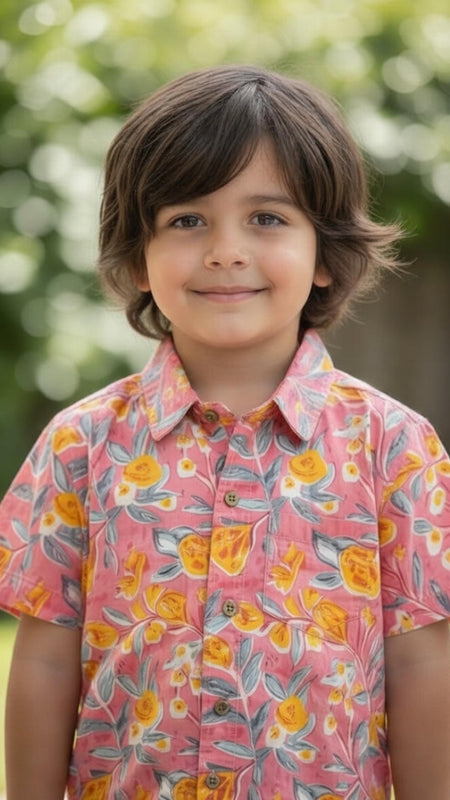 Kids Peach Floral Print Pure Cotton Half Sleeve Shirt