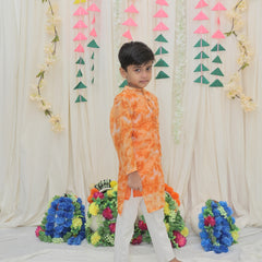 Orange Pure Cotton Kota Doriya Tie & Dye Print Full Sleeve Boys Kurta with Mandarin Collar