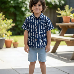 Kids Blue & White Fish Print Pure Cotton Half Sleeve Shirt
