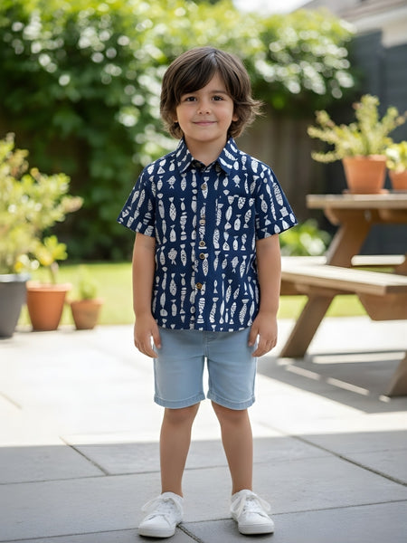 Kids Blue & White Fish Print Pure Cotton Half Sleeve Shirt