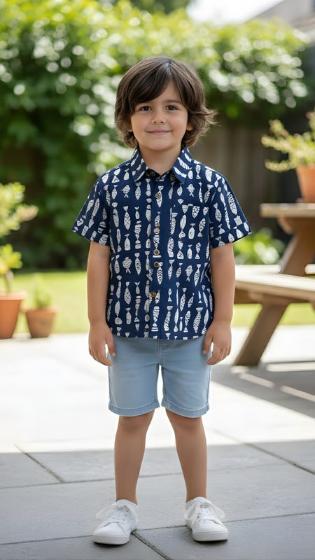 Kids Blue & White Fish Print Pure Cotton Half Sleeve Shirt