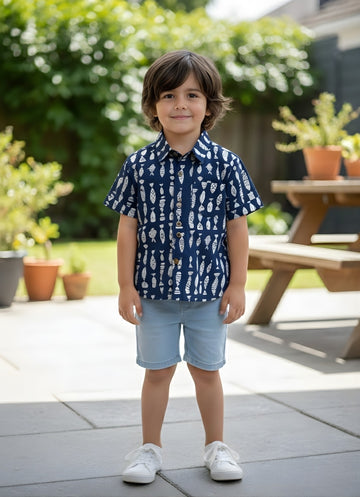 Kids Blue & White Fish Print Pure Cotton Half Sleeve Shirt