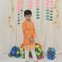 Orange Pure Cotton Kota Doriya Tie & Dye Print Full Sleeve Boys Kurta with Mandarin Collar
