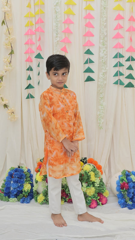 Orange Pure Cotton Kota Doriya Tie & Dye Print Full Sleeve Boys Kurta with Mandarin Collar