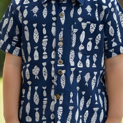 Kids Blue & White Fish Print Pure Cotton Half Sleeve Shirt