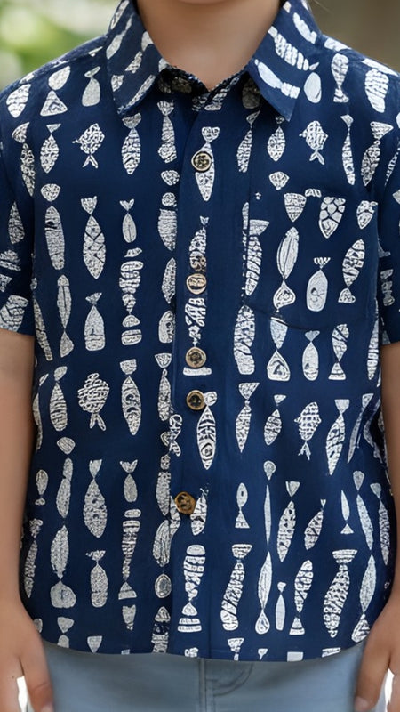 Kids Blue & White Fish Print Pure Cotton Half Sleeve Shirt