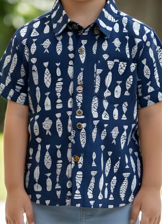 Kids Blue & White Fish Print Pure Cotton Half Sleeve Shirt