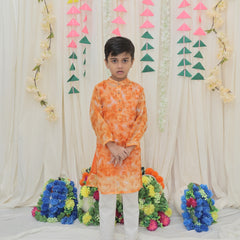 Orange Pure Cotton Kota Doriya Tie & Dye Print Full Sleeve Boys Kurta with Mandarin Collar