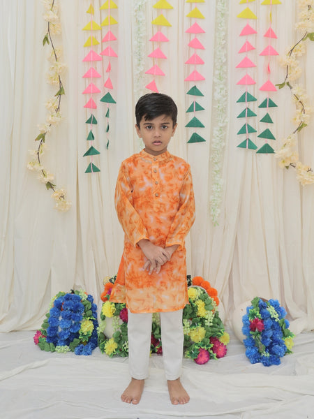 Orange Pure Cotton Kota Doriya Tie & Dye Print Full Sleeve Boys Kurta with Mandarin Collar