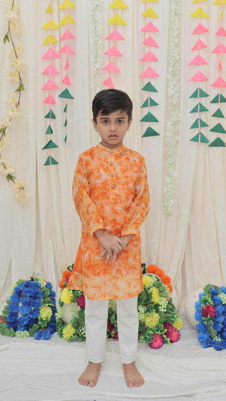 Orange Pure Cotton Kota Doriya Tie & Dye Print Full Sleeve Boys Kurta with Mandarin Collar