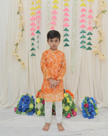 Orange Pure Cotton Kota Doriya Tie & Dye Print Full Sleeve Boys Kurta with Mandarin Collar