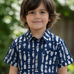 Kids Blue & White Fish Print Pure Cotton Half Sleeve Shirt