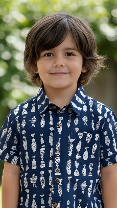 Kids Blue & White Fish Print Pure Cotton Half Sleeve Shirt