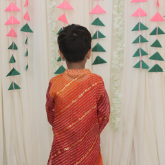 Orange & Red Pure Cotton Kota Doriya Bandhani Print Full Sleeve Boys Kurta with Mandarin Collar