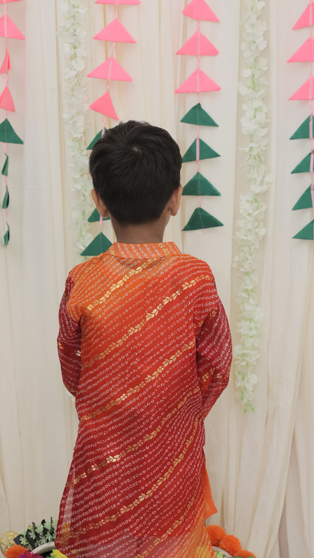 Orange & Red Pure Cotton Kota Doriya Bandhani Print Full Sleeve Boys Kurta with Mandarin Collar