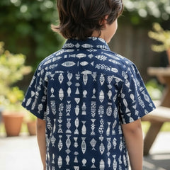 Kids Blue & White Fish Print Pure Cotton Half Sleeve Shirt
