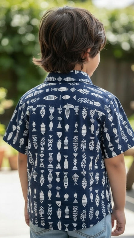 Kids Blue & White Fish Print Pure Cotton Half Sleeve Shirt