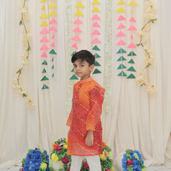Orange & Red Pure Cotton Kota Doriya Bandhani Print Full Sleeve Boys Kurta with Mandarin Collar