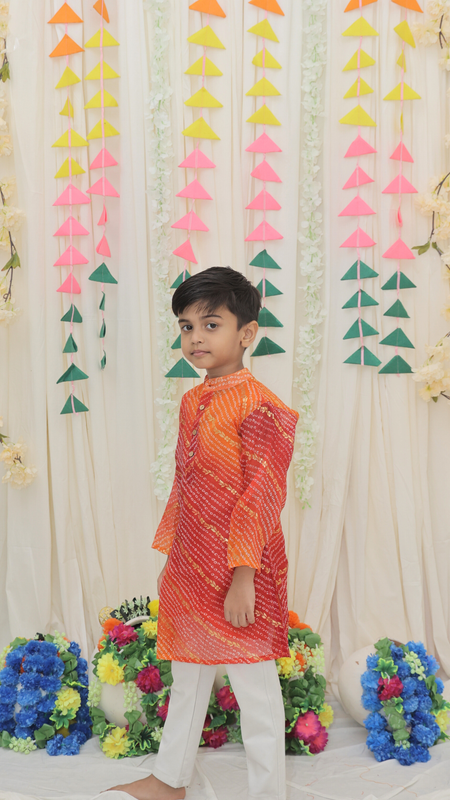 Orange & Red Pure Cotton Kota Doriya Bandhani Print Full Sleeve Boys Kurta with Mandarin Collar