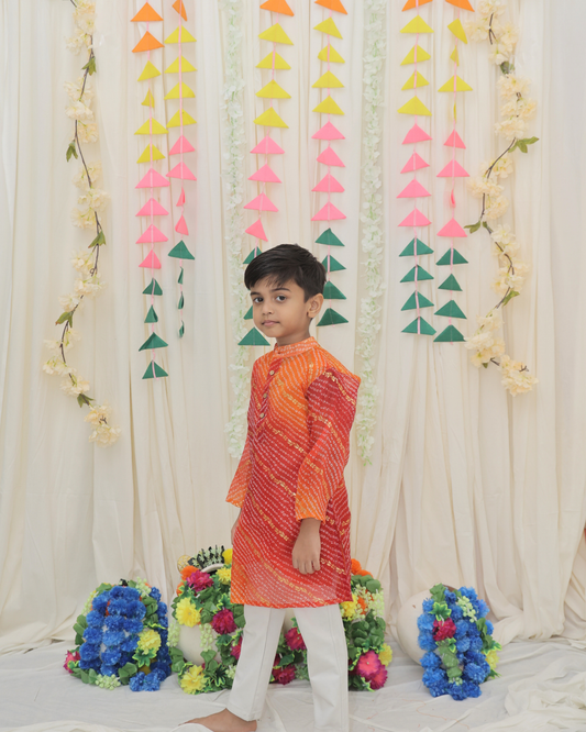 Orange & Red Pure Cotton Kota Doriya Bandhani Print Full Sleeve Boys Kurta with Mandarin Collar
