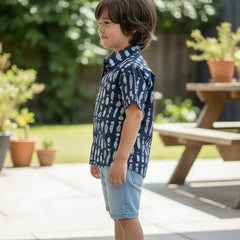 Kids Blue & White Fish Print Pure Cotton Half Sleeve Shirt