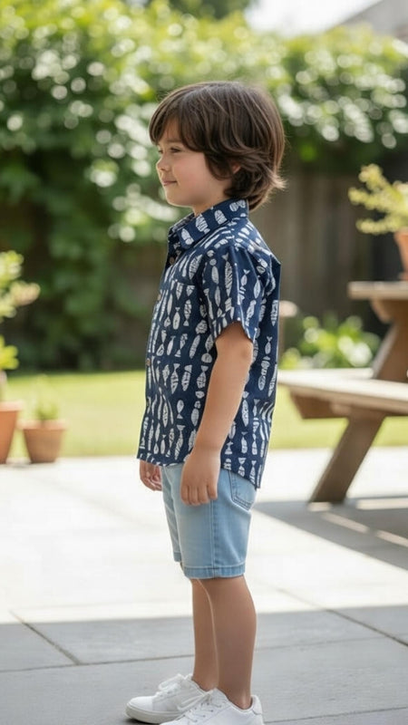 Kids Blue & White Fish Print Pure Cotton Half Sleeve Shirt