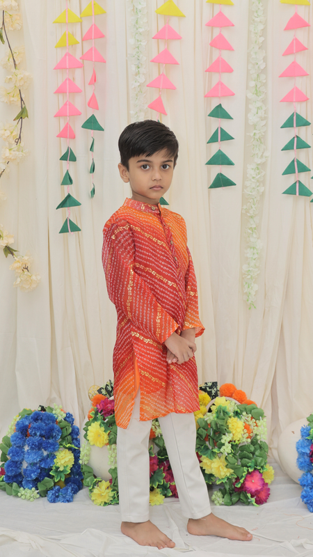 Orange & Red Pure Cotton Kota Doriya Bandhani Print Full Sleeve Boys Kurta with Mandarin Collar