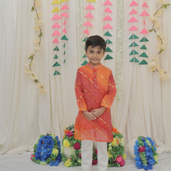 Orange & Red Pure Cotton Kota Doriya Bandhani Print Full Sleeve Boys Kurta with Mandarin Collar