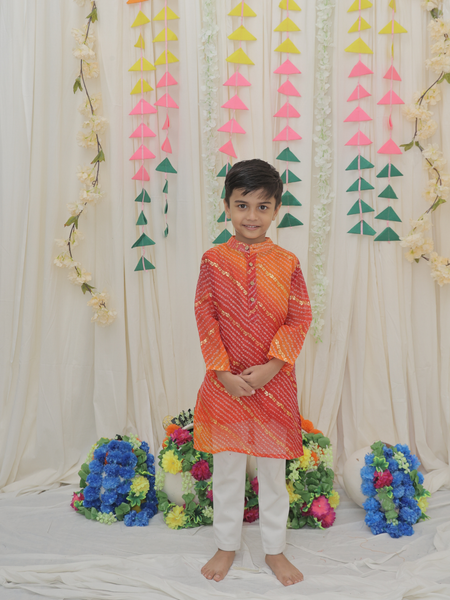 Orange & Red Pure Cotton Kota Doriya Bandhani Print Full Sleeve Boys Kurta with Mandarin Collar