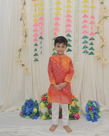 Orange & Red Pure Cotton Kota Doriya Bandhani Print Full Sleeve Boys Kurta with Mandarin Collar