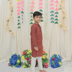 Maroon Pure Cotton Floral Print Full Sleeve Boys Kurta with Mandarin Collar