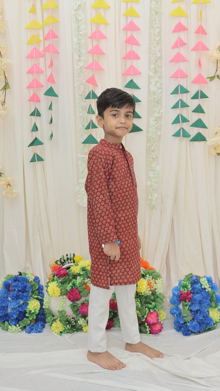 Maroon Pure Cotton Floral Print Full Sleeve Boys Kurta with Mandarin Collar