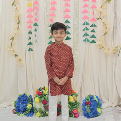 Maroon Pure Cotton Floral Print Full Sleeve Boys Kurta with Mandarin Collar