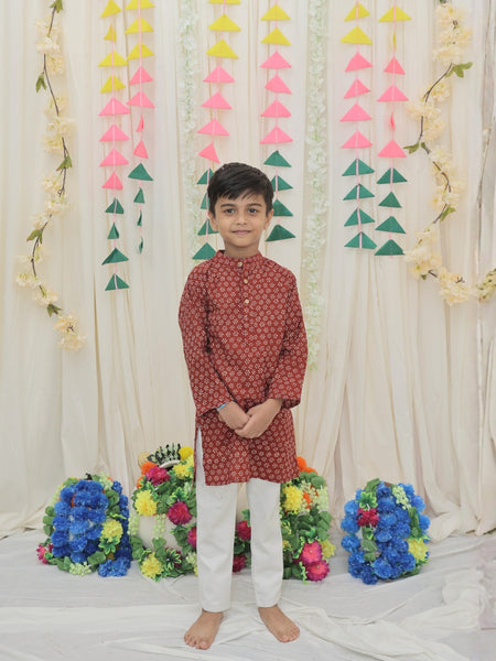 Maroon Pure Cotton Floral Print Full Sleeve Boys Kurta with Mandarin Collar