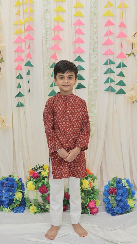 Maroon Pure Cotton Floral Print Full Sleeve Boys Kurta with Mandarin Collar