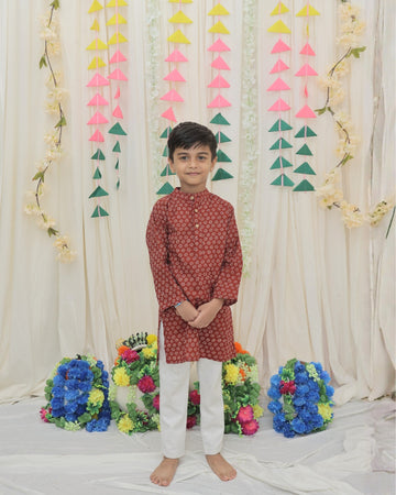 Maroon Pure Cotton Floral Print Full Sleeve Boys Kurta with Mandarin Collar