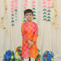 Green Pure Cotton Kota Doriya Zigzag Print Full Sleeve Boys Kurta