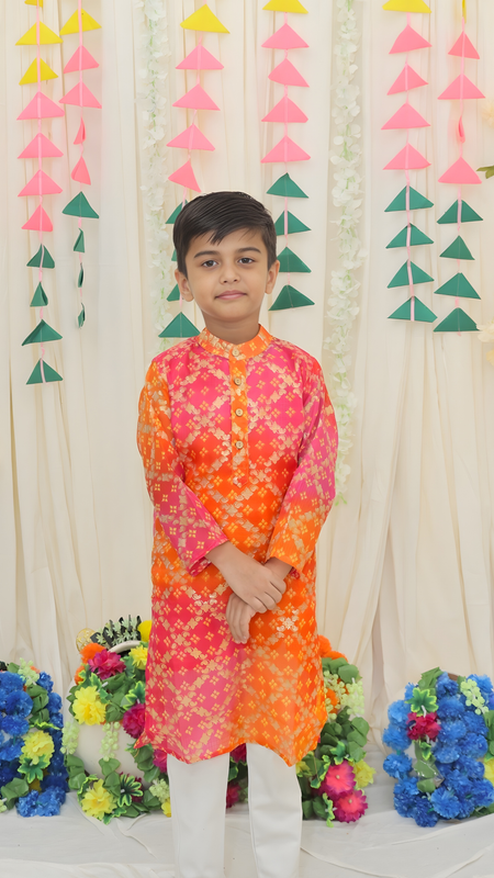 Green Pure Cotton Kota Doriya Zigzag Print Full Sleeve Boys Kurta