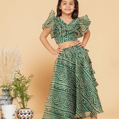 Green Bandhani Doriya Crop top Skirt set