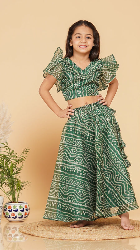 Green Bandhani Doriya Crop top Skirt set
