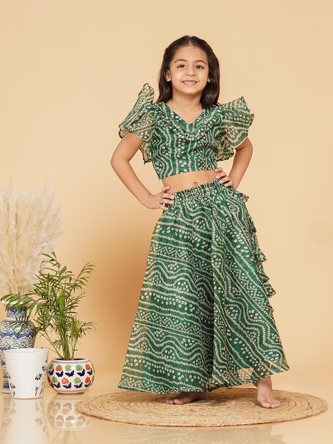 Green Bandhani Doriya Crop top Skirt set