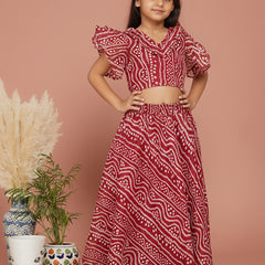 Maroon Bandhani Doriya Crop top Skirt set