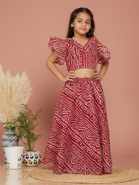 Maroon Bandhani Doriya Crop top Skirt set