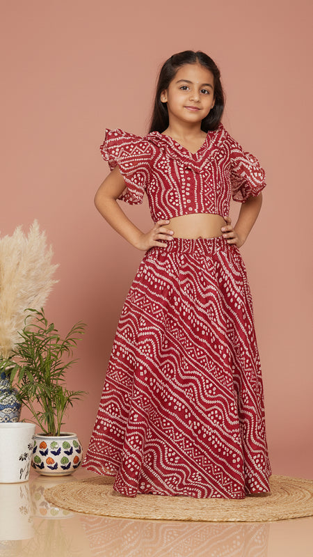 Maroon Bandhani Doriya Crop top Skirt set
