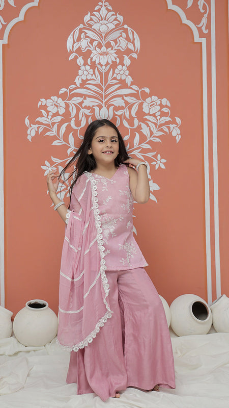 Powder Pink Kurta Palazzo Dupatta Set